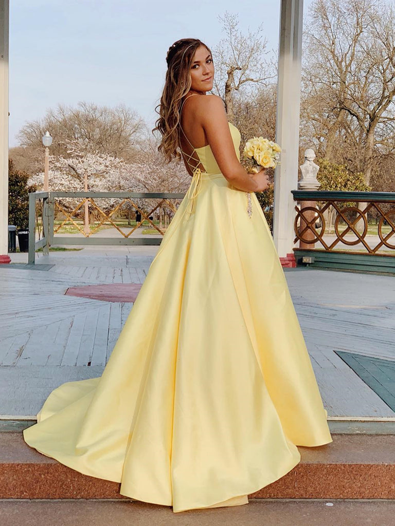 A Line V Neck Yellow Backless Prom ...